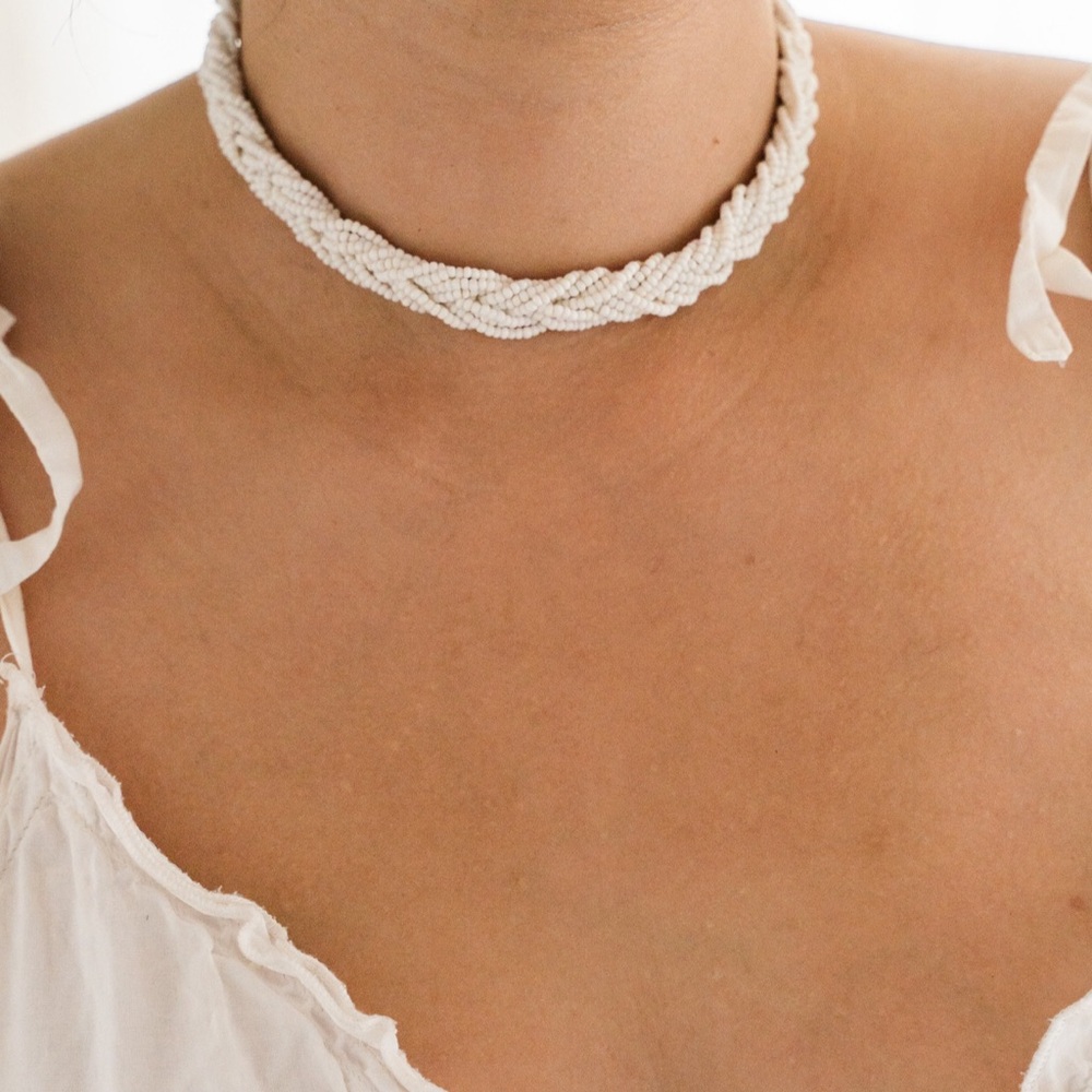 Vintage White Braided Glass Beaded Choker Necklace